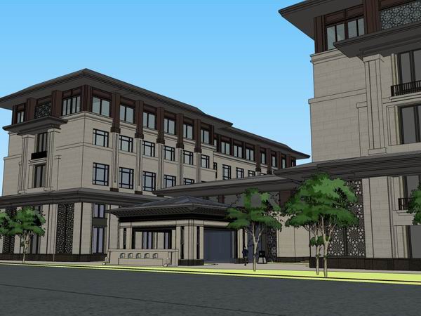 Sketchup酒店模型|多层酒店，现代中式风格