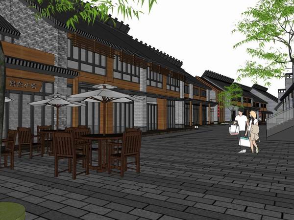 Sketchup商业模型|多层商业街，步行街，中式古典风格