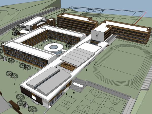 Sketchup学校模型|多层中学学校，校园教育建筑，现代风格