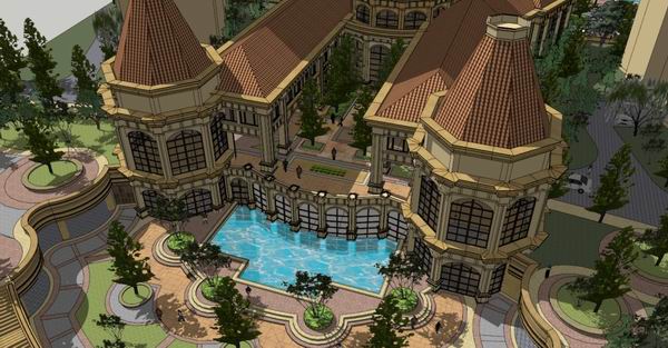 Sketchup住宅模型|多层小区会所和下沉广场，住宅，古典风格