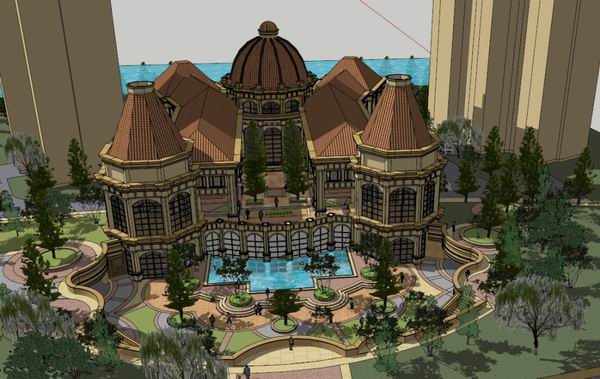 Sketchup住宅模型|多层小区会所和下沉广场，住宅，古典风格