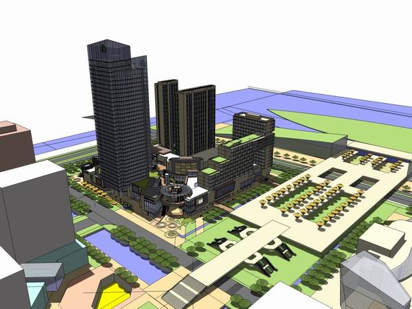 Sketchup综合体模型|多高层综合体，办公楼，住宅，底层商业，现代风格