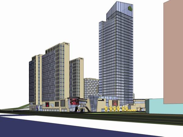 Sketchup综合体模型|多高层综合体，办公楼，住宅，底层商业，现代风格