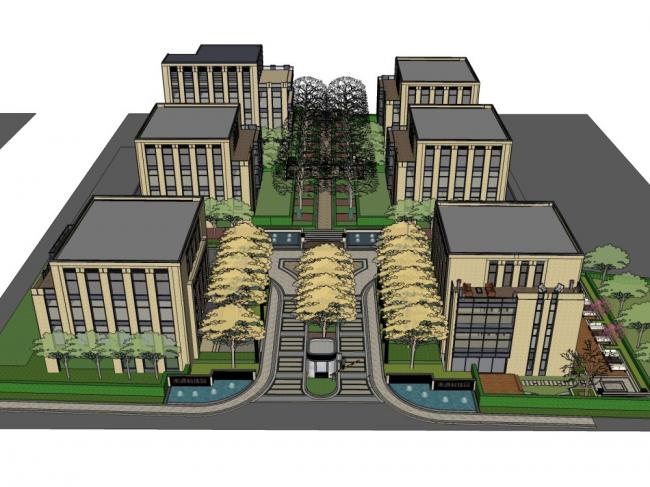 Sketchup住宅模型|多层小区入口景观设计，现代风格