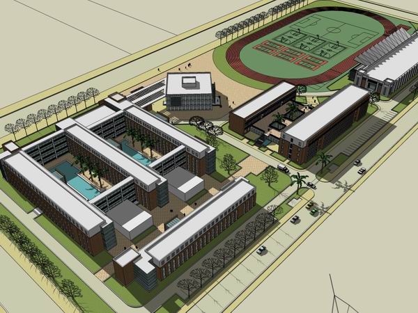 Sketchup学校模型|多层中学学校，校园教育建筑，现代风格