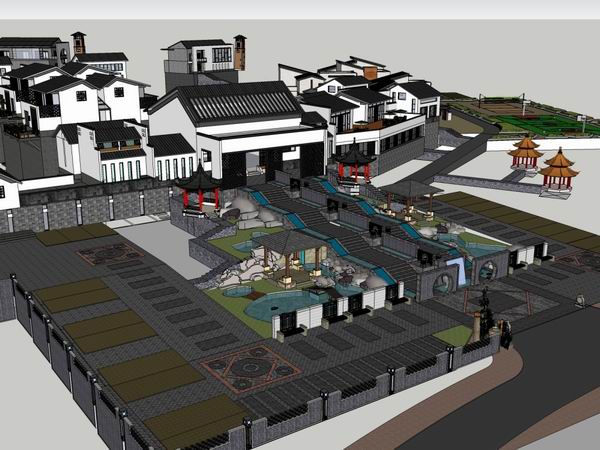 Sketchup酒店模型|多层休闲会所度假村，酒店，中式古典风格