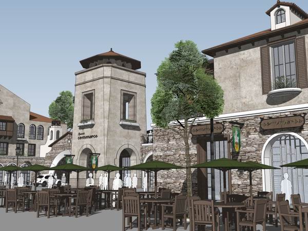 Sketchup商业模型|多层商业街，步行街，古典西班牙风格