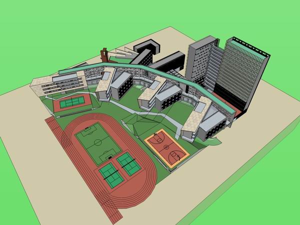 Sketchup学校模型|多高层大学校区学校，校园教育建筑，现代风格