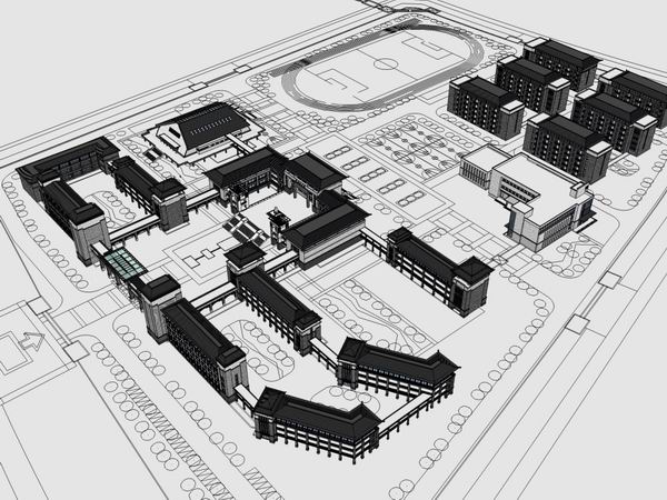 Sketchup学校模型|多层中学学校，校园教育建筑，中式风格