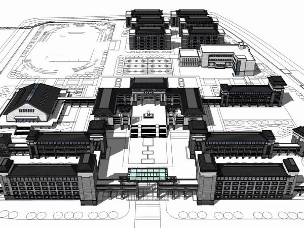 Sketchup学校模型|多层中学学校，校园教育建筑，中式风格