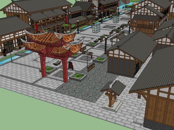 Sketchup商业模型|多层商业街，中式古典风格