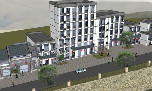 Sketchup商业模型|多层仿古滨水街，商业，现代中式风格