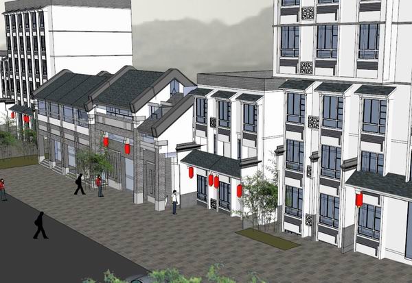 Sketchup商业模型|多层仿古滨水街，商业，现代中式风格