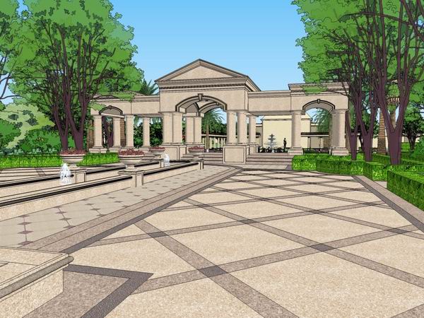 Sketchup景观模型|住宅景观，欧式古典风格