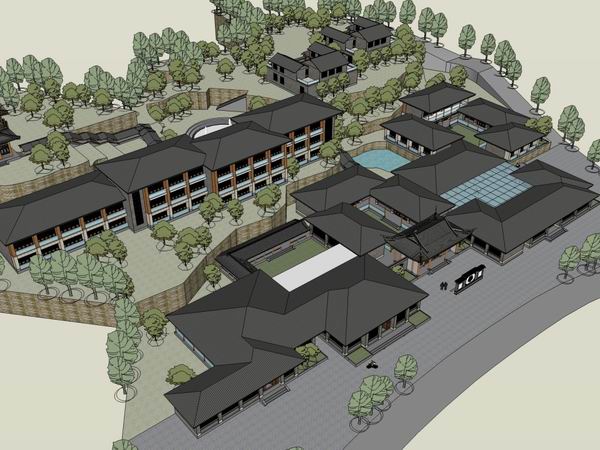 Sketchup酒店模型|多层度假村酒店，中式风格