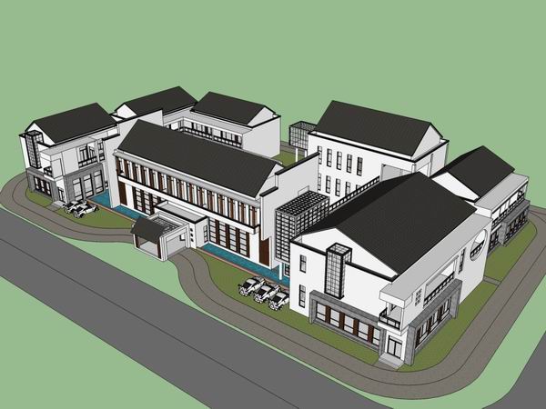 Sketchup酒店模型|多层徽派酒店，现代中式风格