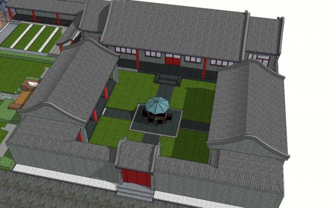 Sketchup住宅模型|多层带内院的四合院，住宅，中式风格