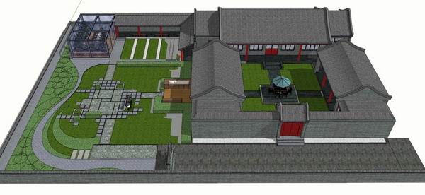 Sketchup住宅模型|多层带内院的四合院，住宅，中式风格
