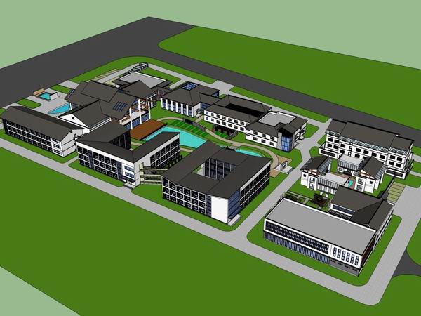 Sketchup酒店模型|多层度假村酒店，现代中式风格