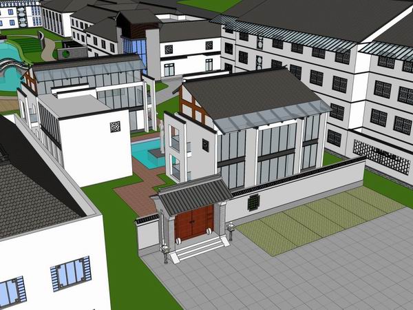 Sketchup酒店模型|多层度假村酒店，现代中式风格