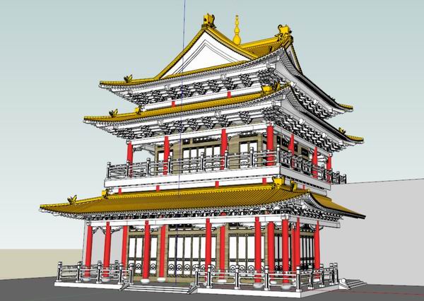 Sketchup古建筑模型|多层清代藏经阁，中式风格 ，古建