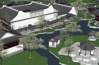 Sketchup景观模型|多层休闲景观会所景观，中式风格-BIM建筑网