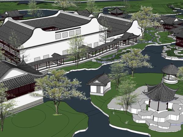 Sketchup景观模型|多层休闲景观会所景观，中式风格