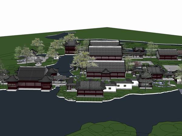 Sketchup景观模型|多层休闲景观会所景观，中式风格