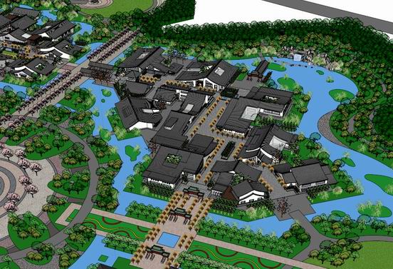 Sketchup景观模型|多层会所酒店景观，中式风格