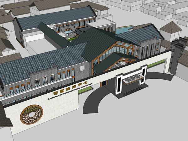 Sketchup景观模型|多层游客接待中心，景观园林，中式风格