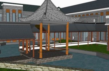 Sketchup景观模型|多层游客接待中心，景观园林，中式风格-BIM建筑网