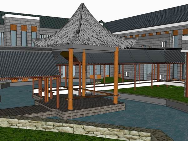 Sketchup景观模型|多层游客接待中心，景观园林，中式风格