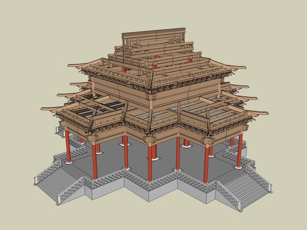 Sketchup古建筑模型|多层承光殿梁架构，中式风格 ，古建