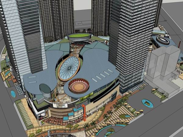 Sketchup综合体模型|超高层办公楼，综合体，住宅楼，底层商业，现代风格