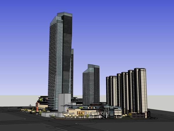 Sketchup综合体模型|超高层办公楼，综合体，住宅楼，底层商业，现代风格