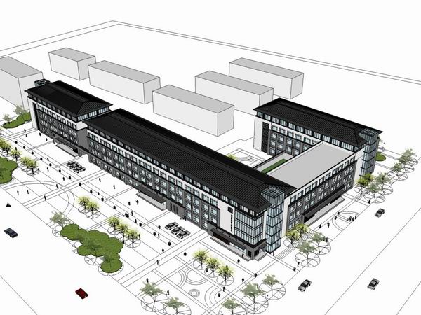 Sketchup医院模型|多层淄博市残疾人康复中心，医院医疗，现代中式风格