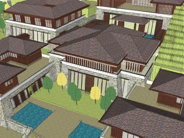 Sketchup酒店模型|多层唐风度假山庄，酒店，古典风格