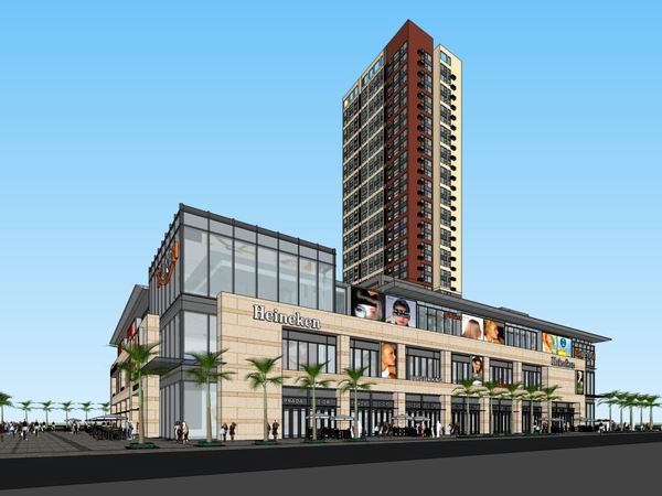 Sketchup商业模型|高层公寓住宅，商业街，现代风格