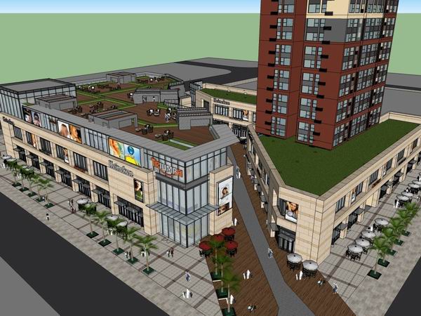 Sketchup商业模型|高层公寓住宅，商业街，现代风格