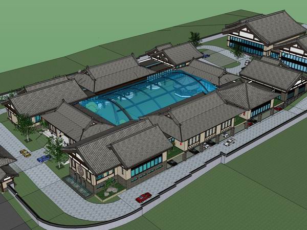 Sketchup酒店模型|多层休闲娱乐度假村，酒店，中式风格