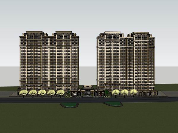 Sketchup住宅模型|高层住宅，底部商业，古典风格