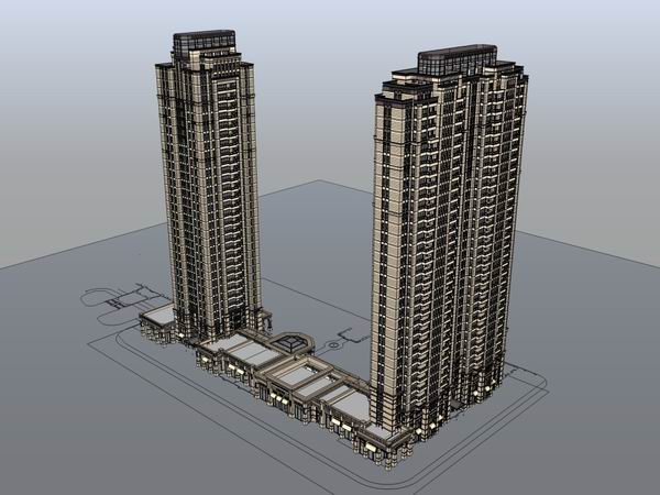 Sketchup住宅模型|高层住宅，底部商业，古典风格