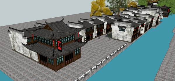 Sketchup商业模型|多层徽派商业街，公建，古典风格