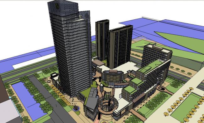 Sketchup综合体模型|多高层综合体，办公楼，住宅，底层商业，现代风格