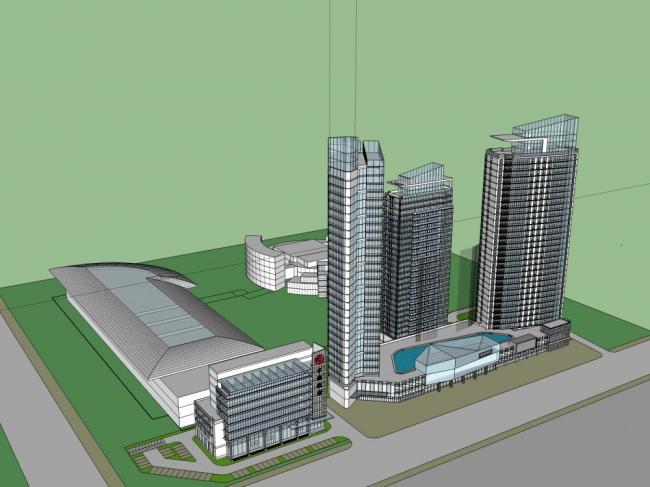 Sketchup办公模型|超高层办公楼，底层商业，现代风格