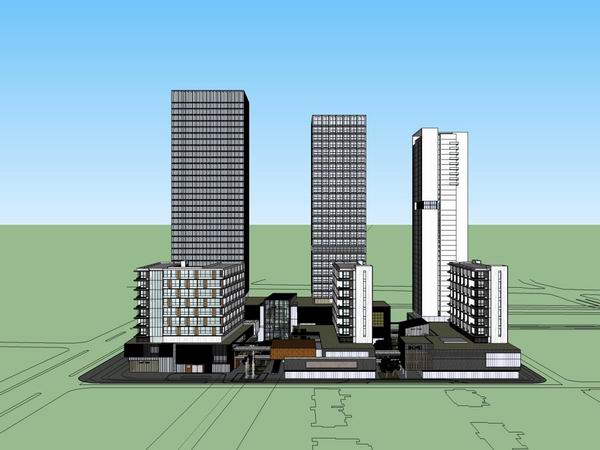 Sketchup综合体模型|多高层综合体，办公楼，住宅，底层商业，现代风格