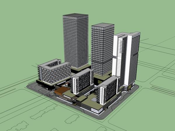 Sketchup综合体模型|多高层综合体，办公楼，住宅，底层商业，现代风格