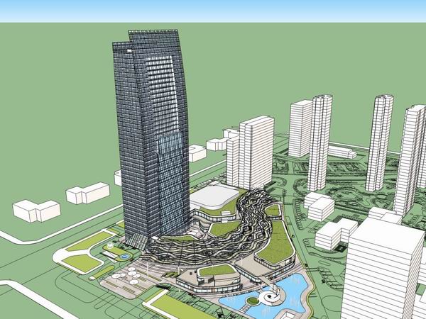 Sketchup综合体模型|超高层商业综合体，办公楼，底层商业，现代风格