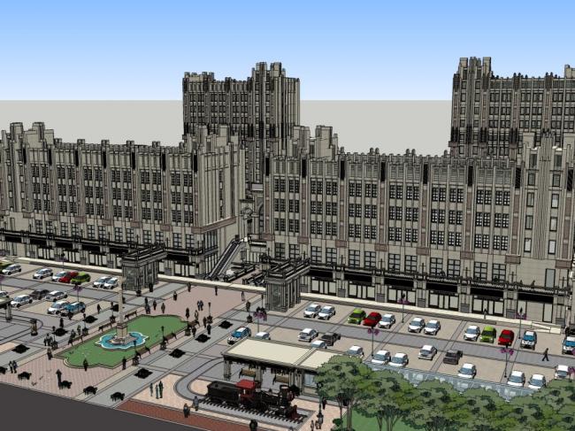 Sketchup综合体模型|多高层综合体，办公楼，商业街商业广场，古典风格