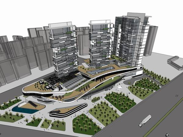 Sketchup综合体模型|多高层综合体，上海普陀区海松大厦，办公楼，商业，现代风格
